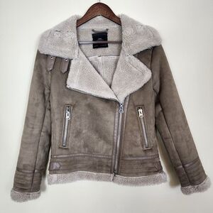 ZARA Faux Suede Shearling Winter Fall Coat Leather Jacket Neutral Size Small
